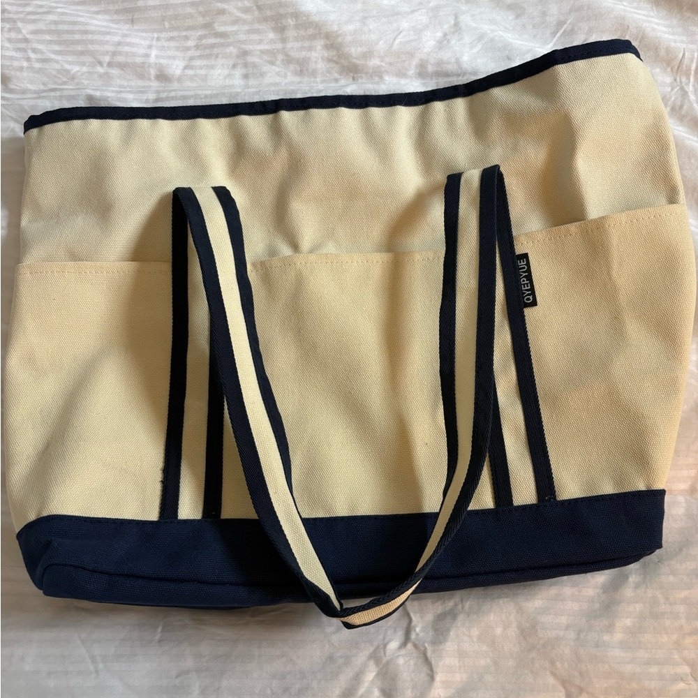 Cream and Navy Canvas Tote Bag